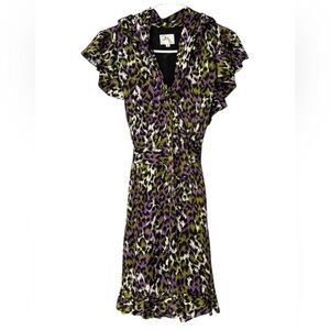 Milly Womens Dress‎ Size 8 Silk Leopard Ruffle Short Sleeve V-Neck Tie Waist